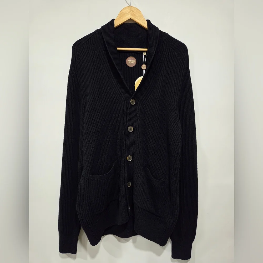Common People Navy Shawl Collar V-Neck Button Up Ribbed Knit Cardigan Preppy M
